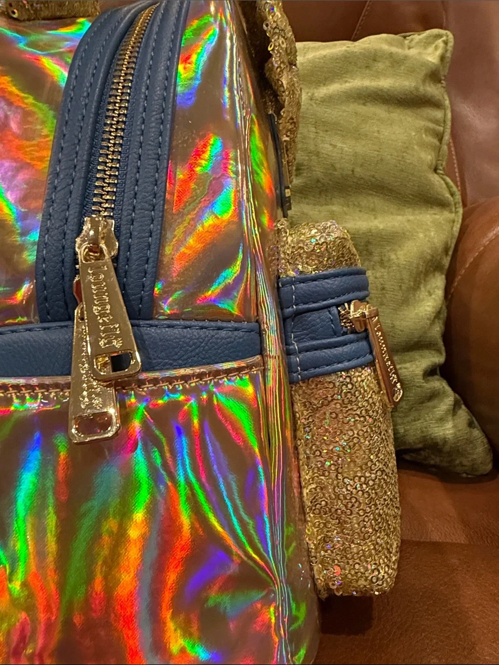 Disney Parks Gold Holographic & Sequin Minnie Mouse Loungefly Backpack with Bow
